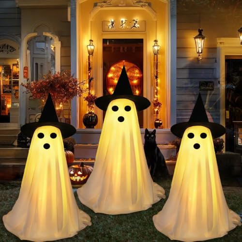 DTYDECLE 3 Stück Halloween Deko Outdoor Geist, 50cm leuchtende Stehender Geister mit Hexenhut für Halloween Party Garten Spukhäuse Deko