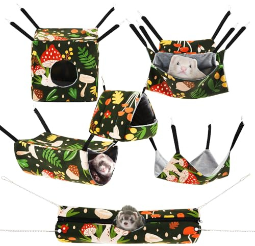 Yeyeplum 6 Pack Small Animal Hammock Set, Ferret, Guinea Pig, Rat Hanging Bed & Hideout Tunnel, Cozy Washable Cage Accessories for Hamster, Chinchilla, Sugar Glider