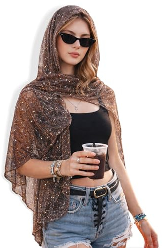 JENSVOIR Shawl Wraps for Women - Coffee Shimmering Sequin Scarves, Versatile Headscarf Neck Scarf for Evening Dresses