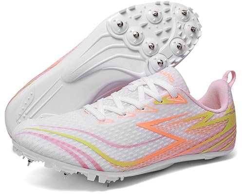 Zapatos de Atletismo con 8 Clavos Ligeras para Hombre, Malla Cómodas Zapatillas De Salto De Velocidad Zapatos Y Correr Carreras,Rosado,40 EU