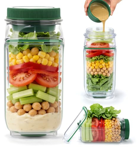 Mjuthy Tupper ensalada de lado abrir con compartimento anti-fugas para aderezos – Recipientes para preparar comidas portátil, ensaladera reutilizable para oficina, gimnasio, picnic y viajes