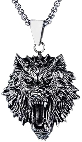 Pidak Collar con colgante de cabeza de lobo de 4,5 x 4 cm, cadena de 60 cm, acabado vintage plateado, estilo gótico Biker Rock Fantasy, joya unisex