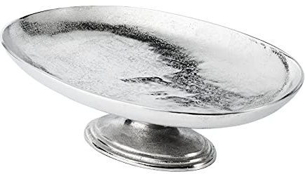 Schale auf Standfuß Oval Servierplatte Dekoschale Aluminium Silber Luxus 47 cm / 57 cm (XL - 57x39x17 cm)