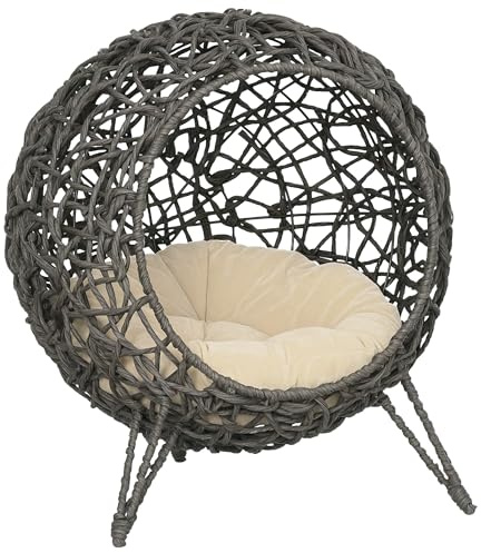 PawHut Cama Cueva de Ratán para Gatos o Mascotas Pequeña con Base Trípode Cojín de Felpa y Algodón Suave Diseño Elevado Estable Φ52 x 58 cm Gris
