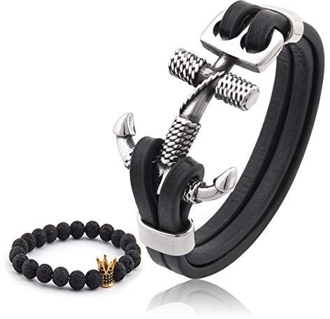 Gungneer Anchor Leather Bracelet Stainless Steel Nautical Rope Sailor United State Navy Jewelry Gift Men Women
