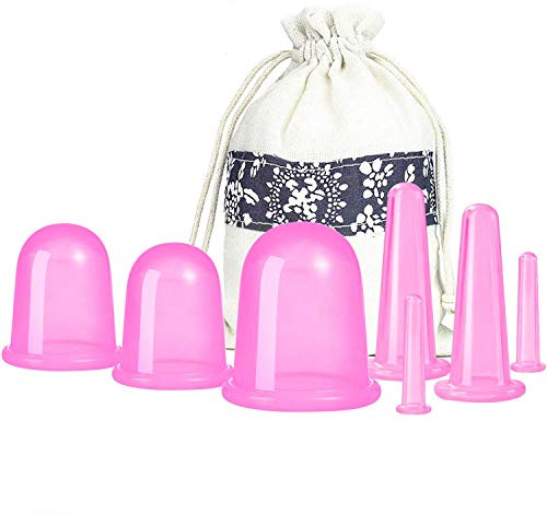 Set di 7 coppettazioni in silicone, per massaggio viso e corpo, con sacchetto di immagazzinaggio per muscoli, nervi, dolori articolari e massaggio blaster cellulite, rosa