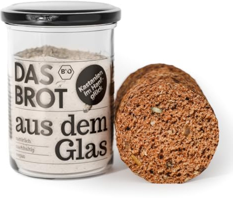brotstoff – Bio-Kastanien im Hanfglück - DAS BROT AUS DEM GLAS, Brotbackmischung und Backform – ideal als Einzugsgeschenk, als Geburtstagsgeschenk, 1 Glas wiederverwendbar als Backform