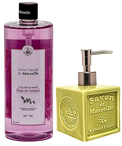 Maison Du Savon De Marseille Flüssigseife Kirschblüte mit grünem Keramik-Seifenspender, Nachfüllpackung 1 Liter und Spender 300 ml