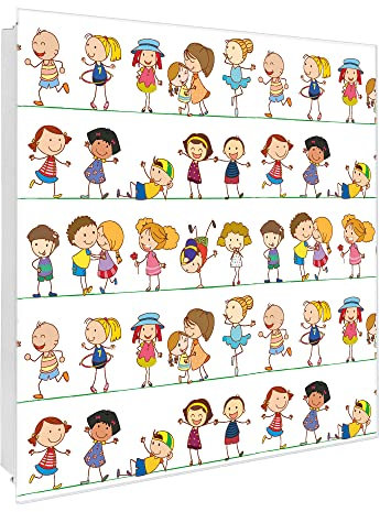 banjado Großer Schlüsselkasten Glas - Schlüsselbox 30x30cm mit 50 Haken - Schlüsselkasten modern für Schlüsselaufbewahrung mit beschreibbarer, magnetischer Glastür - Motiv Kinder