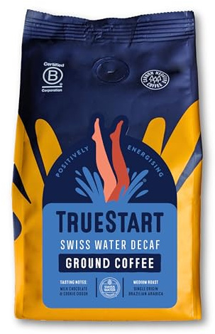 TrueStart Ground Coffee, Swiss Water Decaf, 200g, 1 Pack | 100% Arabica, Medium Roast, Specialty Grade - Mycotoxin-Free & Antioxidant Rich Decaf Coffee Grounds for Cafetiere, Aeropress