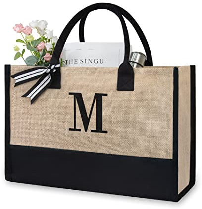 TOPDesign Initial Jute/Canvas Tote Bag, Personalized Present Bag, Suitable for Wedding, Birthday, Beach, Holiday, is a Great Gift for Women, Mom, Teachers, Friends, Bridesmaids (Letter M)