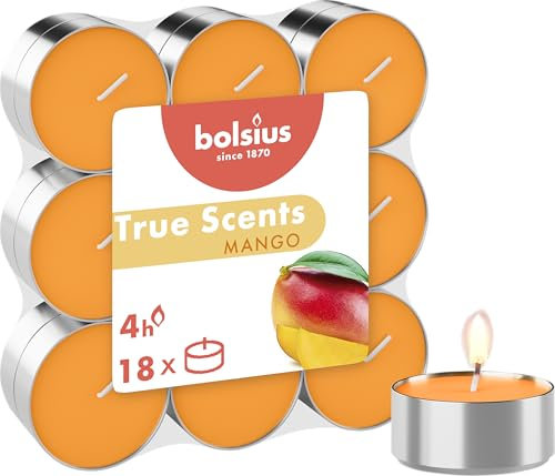 Bolsius True Scents – 18 Teelichter – Mango – Brenndauer: 4 Stunden – Innendekoration – natürliche Extrakte – mit natürlichem veganem Wachs