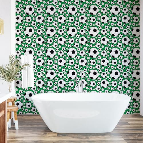 ABAKUHAUS Soccer Peel & Stick Wallpaper for Home, Various Sizes Footballs Pattern Active Lifestyle Popular Sport from Europe, Self-Adhesive Living Room Kitchen, 33 cm x 250 cm, Green Black White