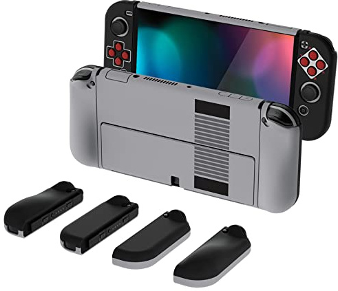 PlayVital AlterGrips Hülle für Nintendo Switch OLED, Joy Con Slim Case Hülle Schutzhülle Zubehör, Ergonomische Grip mit Stick Caps&Tasten Kappen für Nintendo Switch OLED(Classics NES Style)