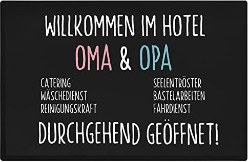 Trendation - Willkommen Hotel Oma und Opa Fußmatte Geschenk Pension 24/7 Geöffnet Fußabtreter Innen und Außenbereich 60x40 cm