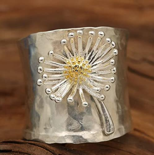ASFKIPMF S925 Sterling Silver Daisy Flower Wide Bands, Chrysanthemum Thumb, Blooming Wild Floral Index Finger, Thumb Index Finger Floral Statement Boho Ring Jewelry Gift for Her Size Q