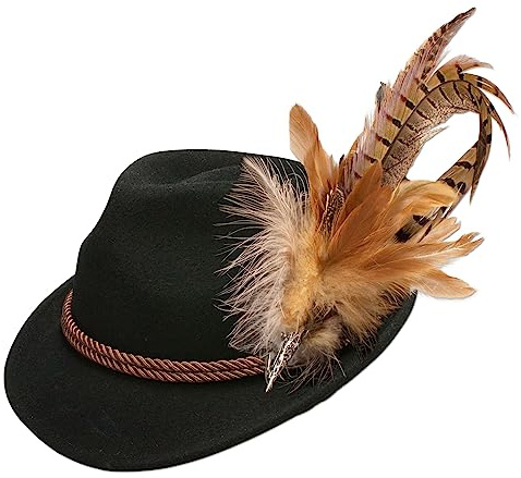 Alpenflüstern Cappello da uomo con piume di fagiano – Cappello in feltro, cappello per costume tradizionale e pantaloni in pelle, taglia L (colori tradizionali) ADV140, Nero , L