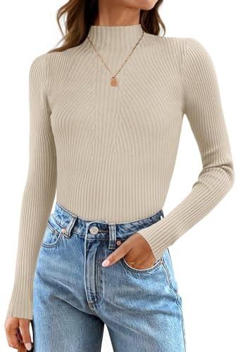ZESICA Women's 2026 Spring Long Sleeve Turtleneck T Shirt Ribbed Knit Sweater Slim Fit Basic Casual Tee Tops Almond Large