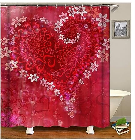 Homxi Duschvorhang mit Ösen Badewanne,165 W x 180 H cm,Rot Duschvorhänge Blumen mit Herz Polyester Duschvorhang Ringe Weiß