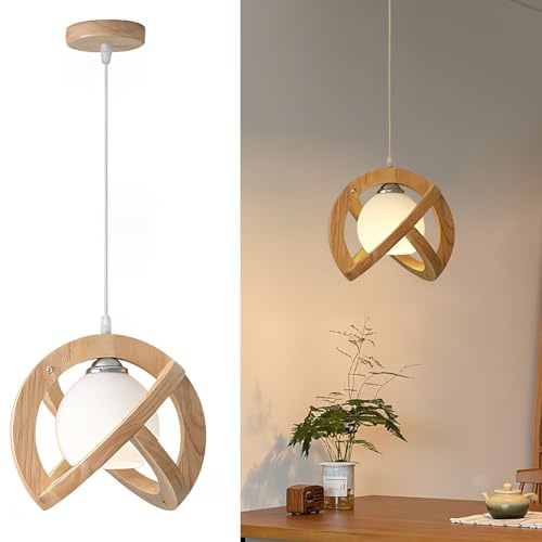 KZT Holz Pendelleuchte Vintage Einflammig Hängelampe E27 Natürlich Holz Hängeleuchte Retro Esstisch Deckenleuchte aus Glas Lampenschirm für Schlafzimmer Esszimmer Wohnzimmer Hotel Höhenverstellbar