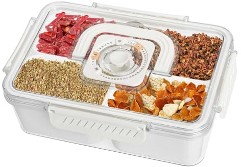Longzhuo Divided Serving Tray with Lid and Handle,Snackle Box Container with Time Record, Snack Box with 4 Compartments, Bento Snack Box for Candy, Fruit, Nut, Suitable for Party, Picnic