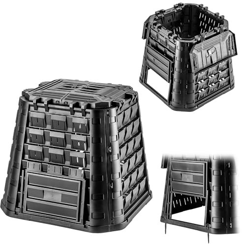 KADAX Compostiera da giardino in plastica, compostiera per rifiuti da giardino, bidone di compostaggio con ventilazione, contenitore per compost con irrigazione a goccia, compostiera rapida (nero, 450