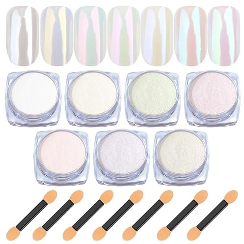 7 Farben Weiße Pearl Chrome Nail Powder – BISHENGYF Transparent Aurora Ice Shimmer Chrom Nagelpuder Metallic Spiegel Effekt Chrome Pigment Pulver für Nägel Glazed Donut Glitzerpuder