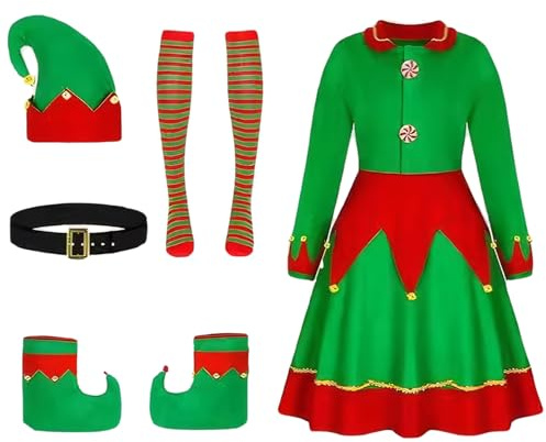Comebachome Elf -Kostüm für Frauen, Velvet -Weihnachts -Elf -Kostüm mit Kleid, Stiefeln, Hut, Gürtel und Strümpfen für Weihnachtsfeier Cosplay