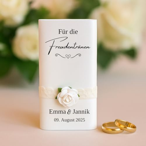 Personalisierte Freudentränen Banderolen 20er Set - Gastgeschenk Pack mit Ivory Spitze & Rose, Hochzeitsdeko