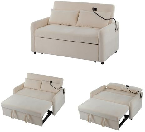 Schlafsofa 3-in-1, Ausziehbar Schlafsessel, Klappbares Couch mit Bettkasten und Schlaffunktion, Sofa 2 Sitzer mit Handy Stander, Seitentaschen und 2 Kissen, USB-Ladeport, Verstellbarer Rückenlehne