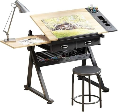 Zeichentische, Zeichentisch mit Aufbewahrungsfunktion, höhenverstellbarer und neigbarer Kunsttisch, Zeichentisch aus Ahornplatte, geeignet als Arbeits-, Studien-, Mal- und Basteltisch