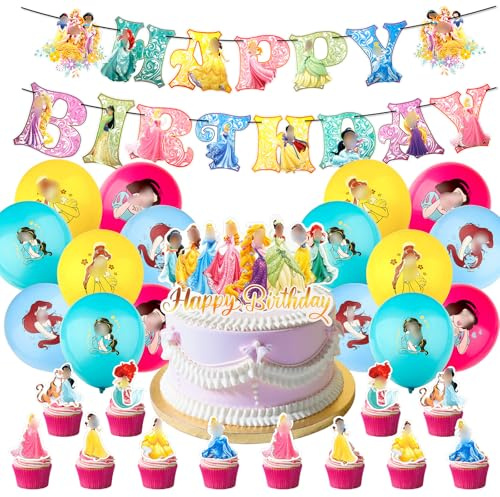 42PCS Princess Birthday Party Decorations, Girls Party Balloons Happy Birthday Banner Cake Topper Cupcake Toppers Party Supplies for Girls Theme Birthday Decoration