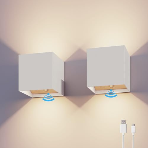 CALEX Volterra Wandleuchte, für Außen & Innen, warmweißes Up & Down Licht, Akku aufladbar mit USB-C, kabellos, Bewegungsmelder, wasserdicht, Weiß, 2er Pack