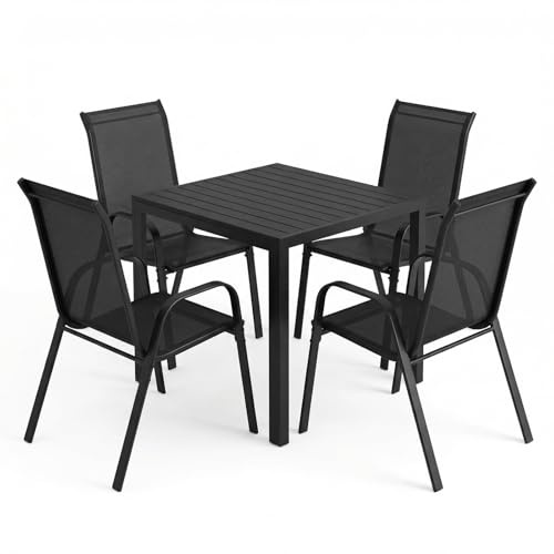 LIFERUN Gartenmöbel Set 5-teilig, Balkonmöbel & Sitzgruppe Outdoor, Schwarz | mit 4 Stapelbar Sesseln und 1 WPC Quadratischer Tisch,Terrassenmöbel für alle Jahreszeiten, Terrasse, Garten und Außenbereich