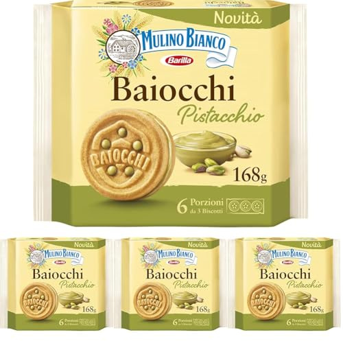 Mulino Bianco Biscotti Baiocchi al Pistacchio, Biscotti con Pistacchio e Pastafrolla Ideali per Colazione o Merenda, Senza Olio di Palma, 6 Porzioni da 3 Biscotti (Confezione da 4)