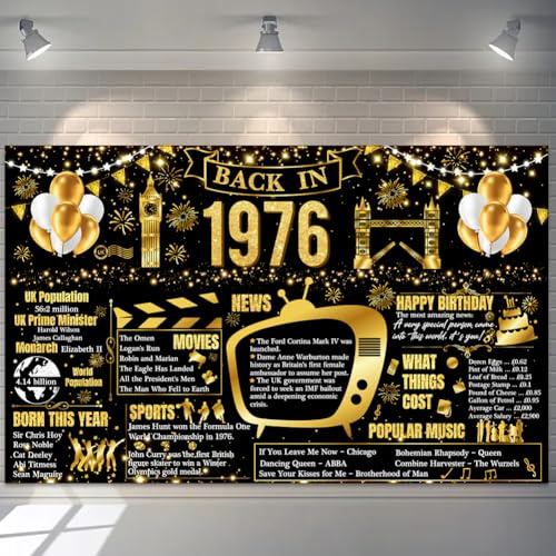 Banner zum 50. Geburtstag, Schwarz / Gold, Back in 1975 Poster, britischer Geburtstag, 1,8 x 1,1 m, Dekoration zum 50. Geburtstag, Dekoration für Männer und Frauen, Partyzubehör