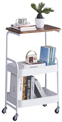 Yosamy Storage Trolley with Wooden Worktop,Metal Utility Cart on Wheels,Mobile Kitchen Island Cart for for Small Spaces,Cart for Living Room,Bedroom,Kitchen,School and Beauty