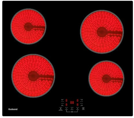 Gudsunal Electric Ceramic Hob with 4 Zones, 6000W, 9 Power Level, Keep Warm,Timer, Child Safety Lock,Residual Heat Indicator, Hard Wired