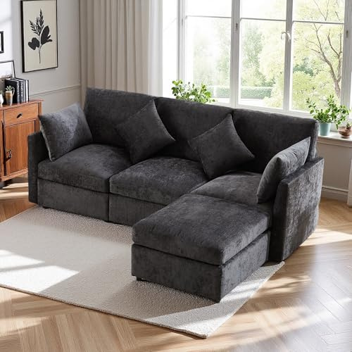 Lubvtti Sofá de esquina moderno con reposapiés, sofá en L, sofá de 3 plazas con cojín, adecuado para salón, apartamento, chenilla, Gris
