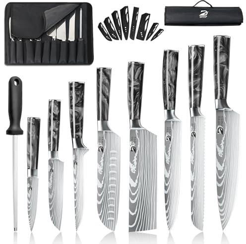 Dfito couteaux de cuisine set, 9 pièces couteaux de cuisine professionnel set avec sac à rouleaux, couteau cuisine professionnel set en acier inoxydable à haute teneur en carbone, poignée en résine