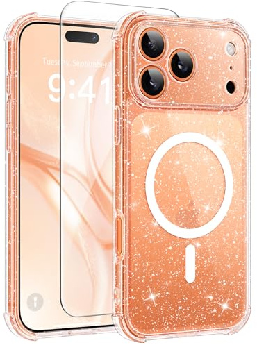 BERFY for iPhone 17 Pro Max Case for Women, Compatible with MagSafe, Clear Glitter Shockproof Protective Case, Anti-Yellowing, with Screen Protector & 3 Diamond Camera Lens Covers 6.9, Sparkle Clear