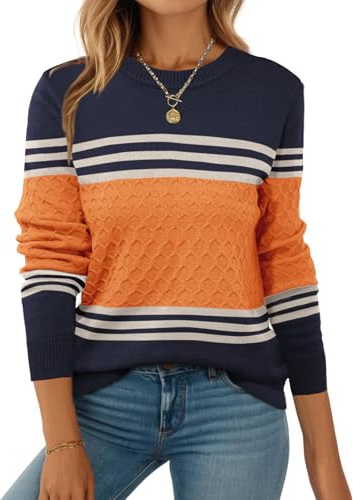 Zeagoo Jersey de mujer, suéter de punto de manga larga, cuello redondo, color bloque, elegante, con rayas, para otoño e invierno, tallas S-XXL, naranja, XXL