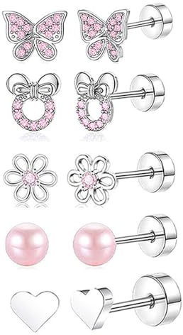 XFSRG Pendientes Niña Plata Hipoalergénicos con Diseño de Mariposa Flor y Corazón para Ocasiones Especiales (Rosa)