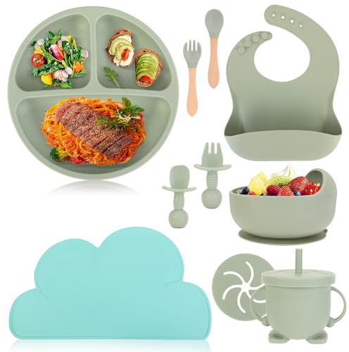 10 Pezzi Set Pappa Svezzamento Prima Silicone Kit Bimba Neonato 6 Mesi Bambini Piattino Stoviglie Accessori Piatti con Ventosa Ciotola Cucchiaio Forchetta Tazza Bavaglino Tovagliette Autonomo Verde