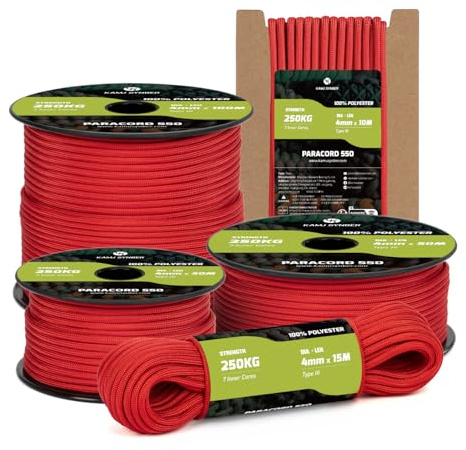 Kamu Synber Paracord 550 Typ III 4mm 30m 7 Trådar 100% Polyester Rep Idealisk för Armband, Camping, Utomhus, överlevnads | Stöd 250kg | Röd