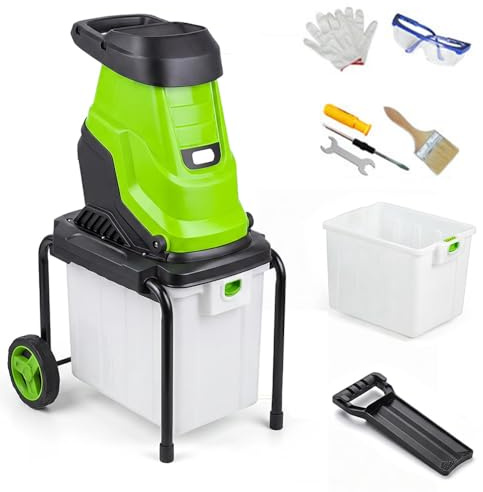 Trituratore da Giardino Elettrico, Cippatore Giardino 2800W con Contenitore Raccolta 50L, Cippatore Giardino 4500 Giri/min con Interruttore Sicurezza per Rami 45Mm, per Foglie Scarto del Giardino