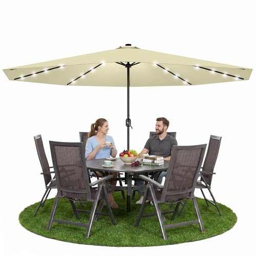Suusolny Gartenschirm Ø 350 cm,UV-Schutz 40+ Terrassenschirm klappbar mit Kurbel & Solarpaneele & 24 Beleuchtung, ohne Ständer, Sonnenschirme für Balkon,Terrasse(Beige)