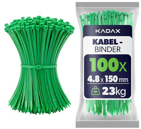 KADAX bridas verdes 150 mm x 4,8 mm, set de 100 unidades de nylon con resistencia 23 kg para organizar cables en casa, jardín, taller y oficina
