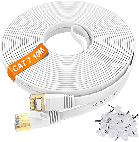 ikbc LAN Kabel 10 meter Cat 7, Netzwerkkabel 10m Flach Hochgeschwindigkeit | Schirmung RJ45 Ethernet Kabel 10Gbps 600MHz FTP, Weiß Internet Kabel Gigabit Patchkabel für Router Switch Modem PC (10 Clips)