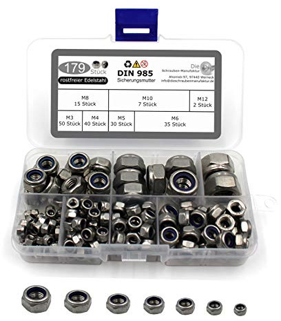 DSM – 179 teiliges Set Sicherungsmuttern M3-M12 – DIN 985 – Edelstahl A2 | Selbstsichernde Muttern [TrueSpec Präzision] mit Kunststoffklemmteil – Kontermuttern Stoppmuttern, Edelstahlmuttern
